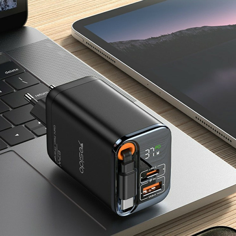 Incarcator Yesido (YC100), USB, Type-C, GaN, Fast Charging, Digital Display, 67W, Retractable Type-C Cable, 65cm, Negru