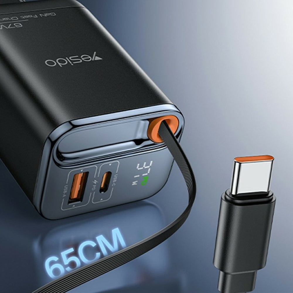 Incarcator Yesido (YC100), USB, Type-C, GaN, Fast Charging, Digital Display, 67W, Retractable Type-C Cable, 65cm, Negru