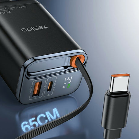 Incarcator Yesido (YC100), USB, Type-C, GaN, Fast Charging, Digital Display, 67W, Retractable Type-C Cable, 65cm, Negru