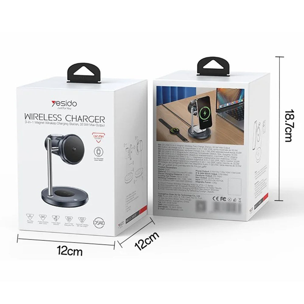Incarcator Yesido Wireless Charging Station 3in1 (DS40), for Phone, Earphone, Watch with Touch Switch, Fan, Qi2.2, 25W, Type-C Cable, Negru