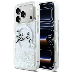 Husa de protectie Karl Lagerfeld Glitter Karl Script Logo MagSafe (KLHMP17L6LKSCAMT) compatibil cu iPhone 17 Pro, Transparent