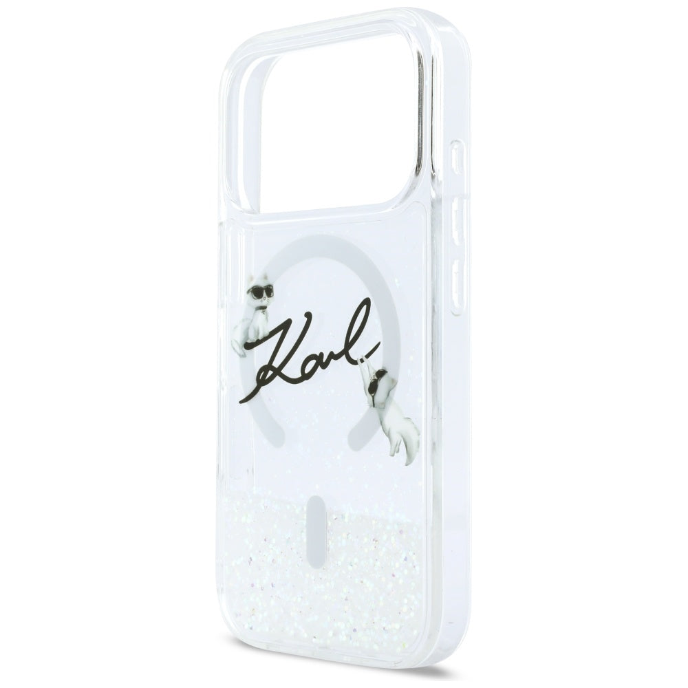Husa de protectie Karl Lagerfeld Glitter Karl Script Logo MagSafe (KLHMP17L6LKSCAMT) compatibil cu iPhone 17 Pro, Transparent