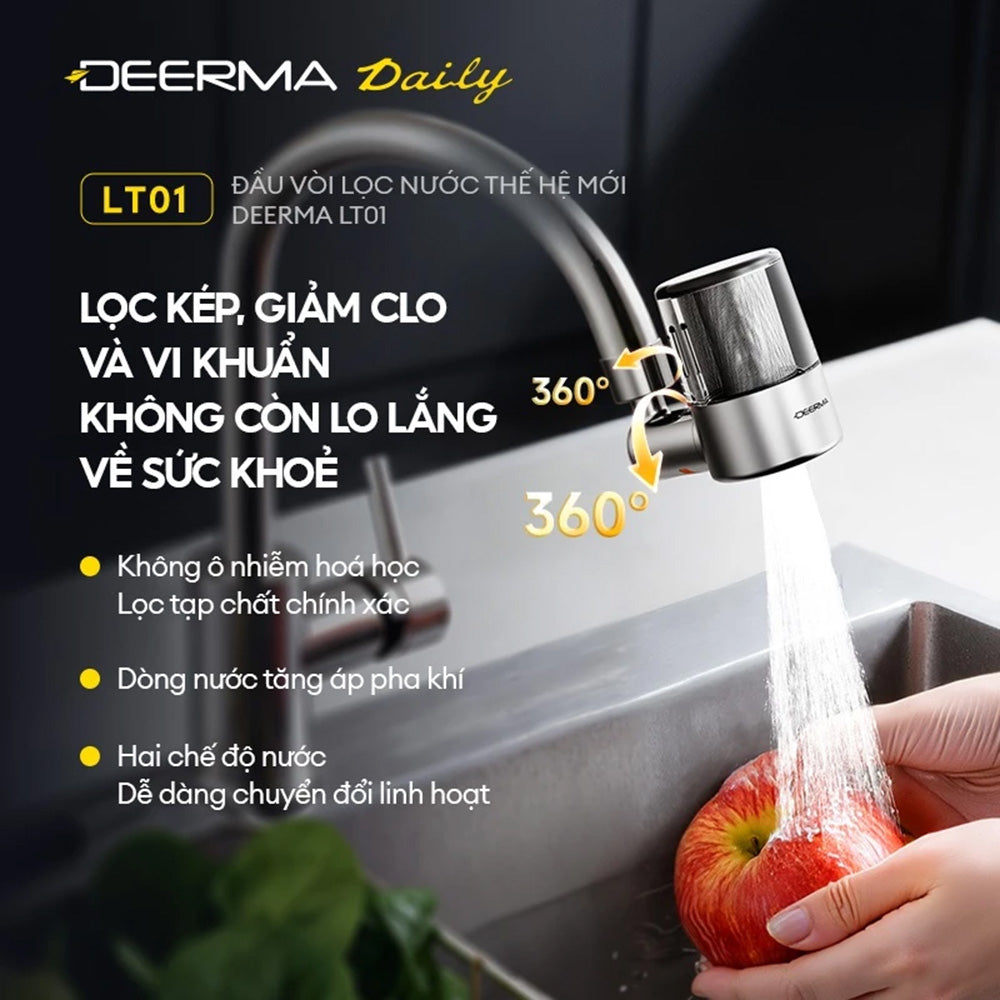 Gadget Deerma Faucet Water Filter (LT01), Dual Filtration, 2x Water Modes, Bacteria-Free, Air-phase Pressurized Flow, 720°, Gri