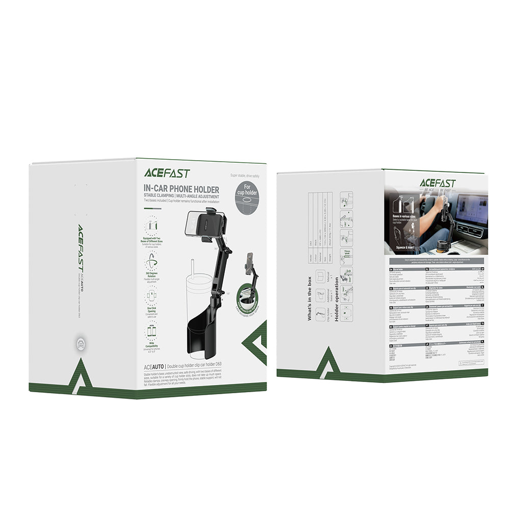 Suport Acefast- Car Holder (D63) with 2 Bases, Reliable Clamps, One-key Opening, Flexible Rod, Non‑slip Silicone, Universal, Black