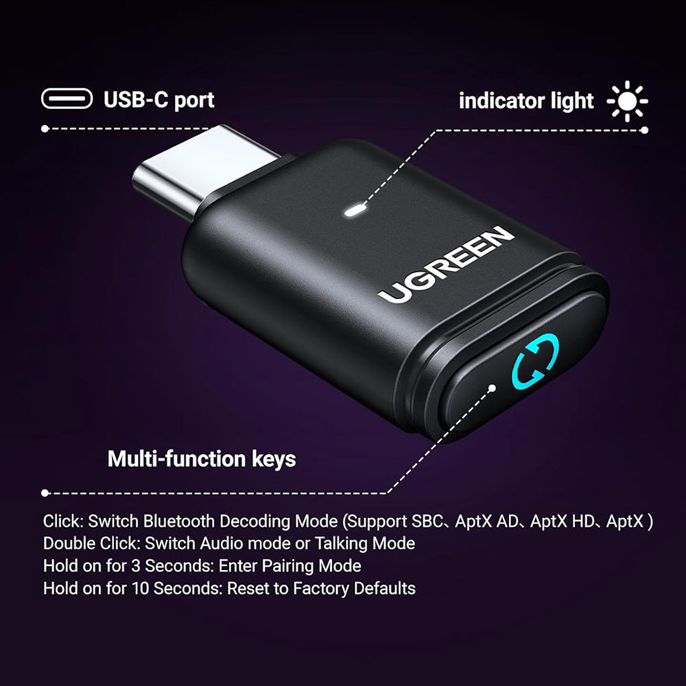 Adaptor Ugreen Bluetooth BT501 (45008), USB-C, Bluetooth 5.3, Negru