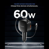 Incarcator Spigen Car Essential EV603BT (ACP10515), 3in1, USB, 2x Type-C, Built-in Retractable Cable, Fast Charging, 60W, 72cm, Negru