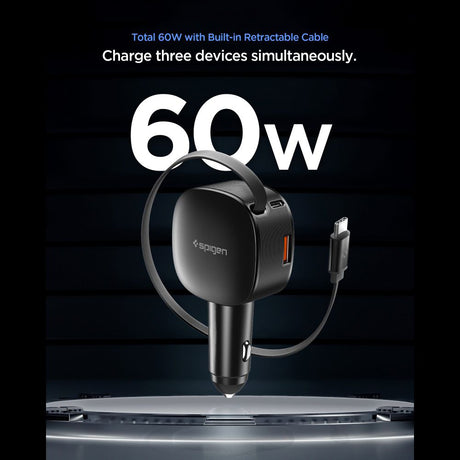 Incarcator Spigen Car Essential EV603BT (ACP10515), 3in1, USB, 2x Type-C, Built-in Retractable Cable, Fast Charging, 60W, 72cm, Negru