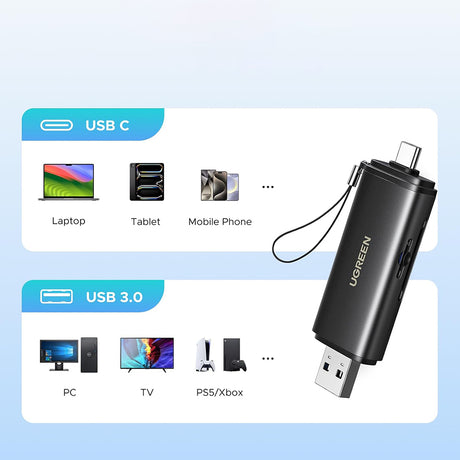 Stocare Ugreen Card Reader CM803 (65024), Type-C, USB to SD, TF Card, Dual Connector, 312MB/s, Plug&Play, Negru