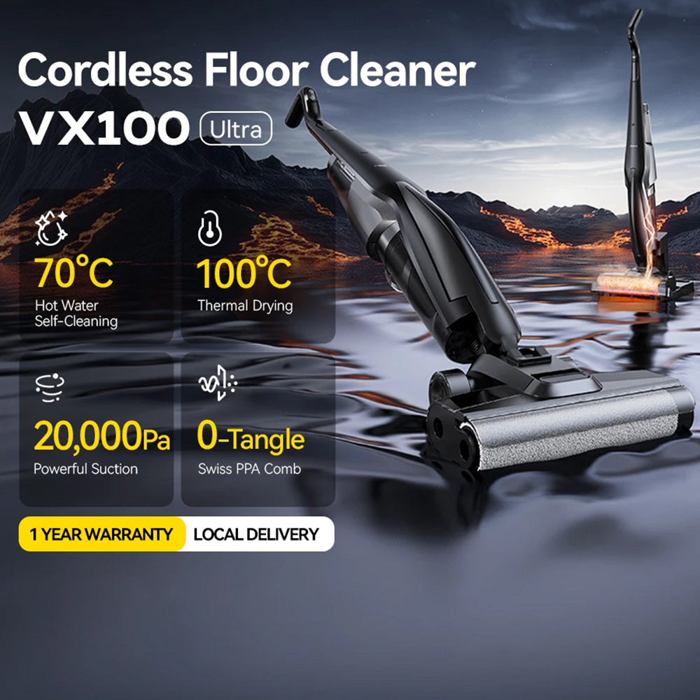 Deerma Cordless Vacuum Cleaner (VX100 Ultra), Dry & Wet Cleaning, 20000Pa, 300W, Auto Brush Wash, 4000mAh, IPX6, Negru