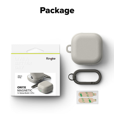 Casti Ringke Protection Case Onyx Magnetic, for Samsung Galaxy Buds 4 / Buds 4 Pro, Non-Slip Texture, Carabiner Hole, Warm Grey