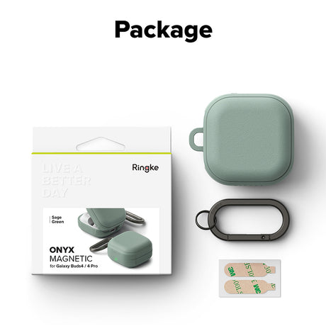 Casti Ringke Protection Case Onyx Magnetic, for Samsung Galaxy Buds 4 / Buds 4 Pro, Non-Slip Texture, Carabiner Hole, Sage Green