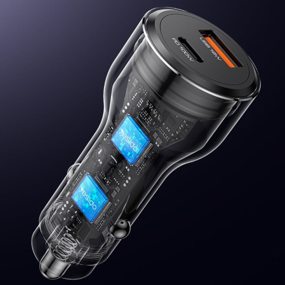 Incarcator Yesido Car (Y65), Dual-Port USB-A + Type-C, PD100W, Aluminum Alloy, Super Fast Charging, Negru