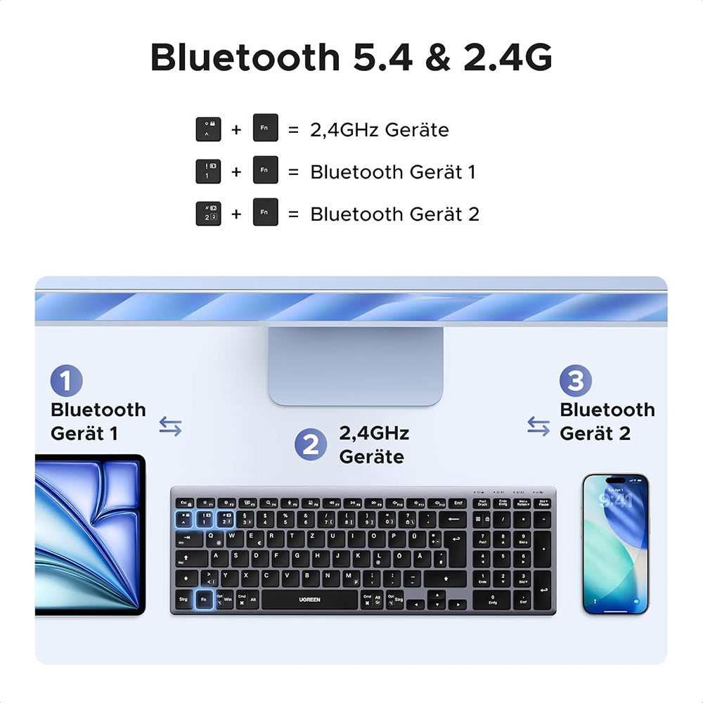 Tastatura/Mouse Ugreen Wireless Keyboard K552 (75163), Bluetooth 5.0, USB-C, Multi-device Connection, Metal Shell, 99 Keys, 500mAh, Negru