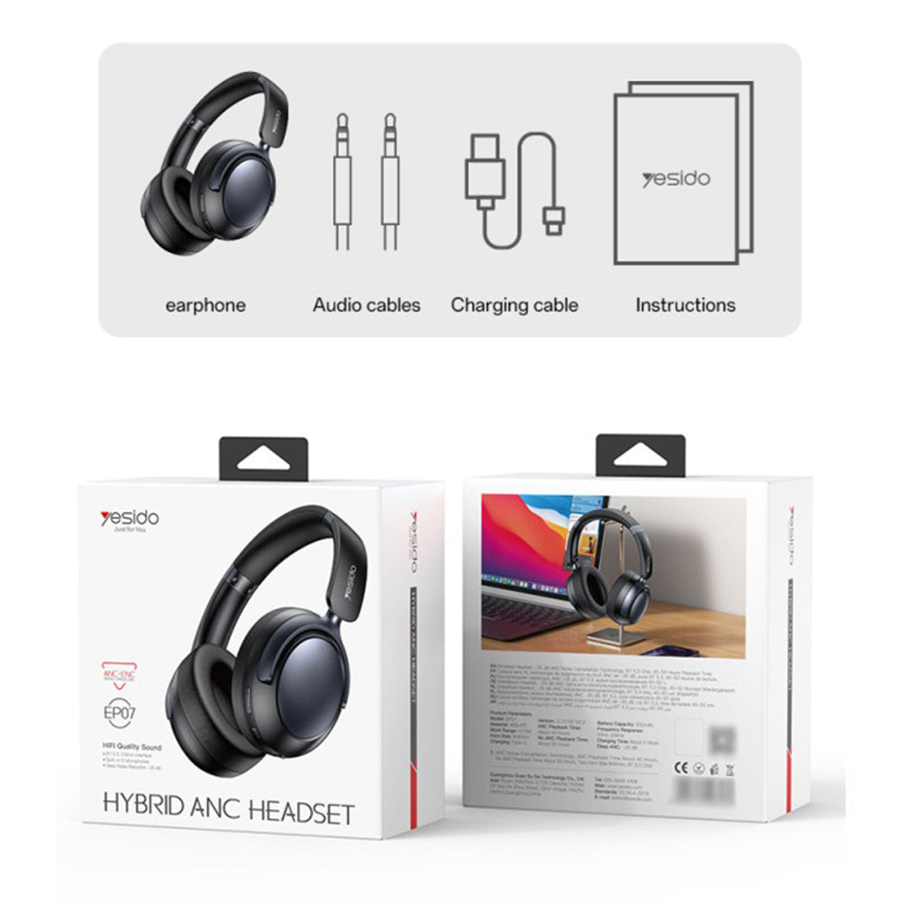 Casti Yesido Wireless (EP07), with Bluetooth V5.3, Hybrid Noise Cancelling, ENC, 500mAh, Negru
