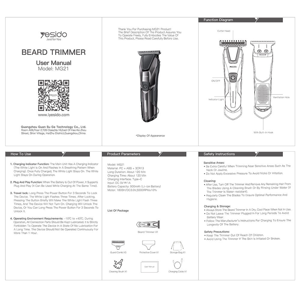 Yesido Beard Trimmer (MG21), Type-C, 5500RPM, 900mAh, Negru