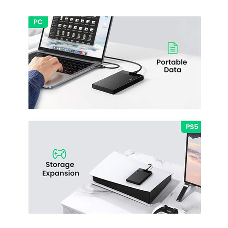 Stocare Ugreen Hard Drive Enclosure US221 (50743), with Cable, USB-C to SATA (7+15) Pin, 6Gbps, for 2.5inch SATA SSD/HDD, Negru