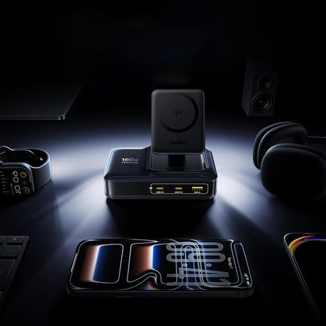 Incarcator Baseus (E0121700), 3x Type-C / 1x USB / Qi2, 160W, Negru