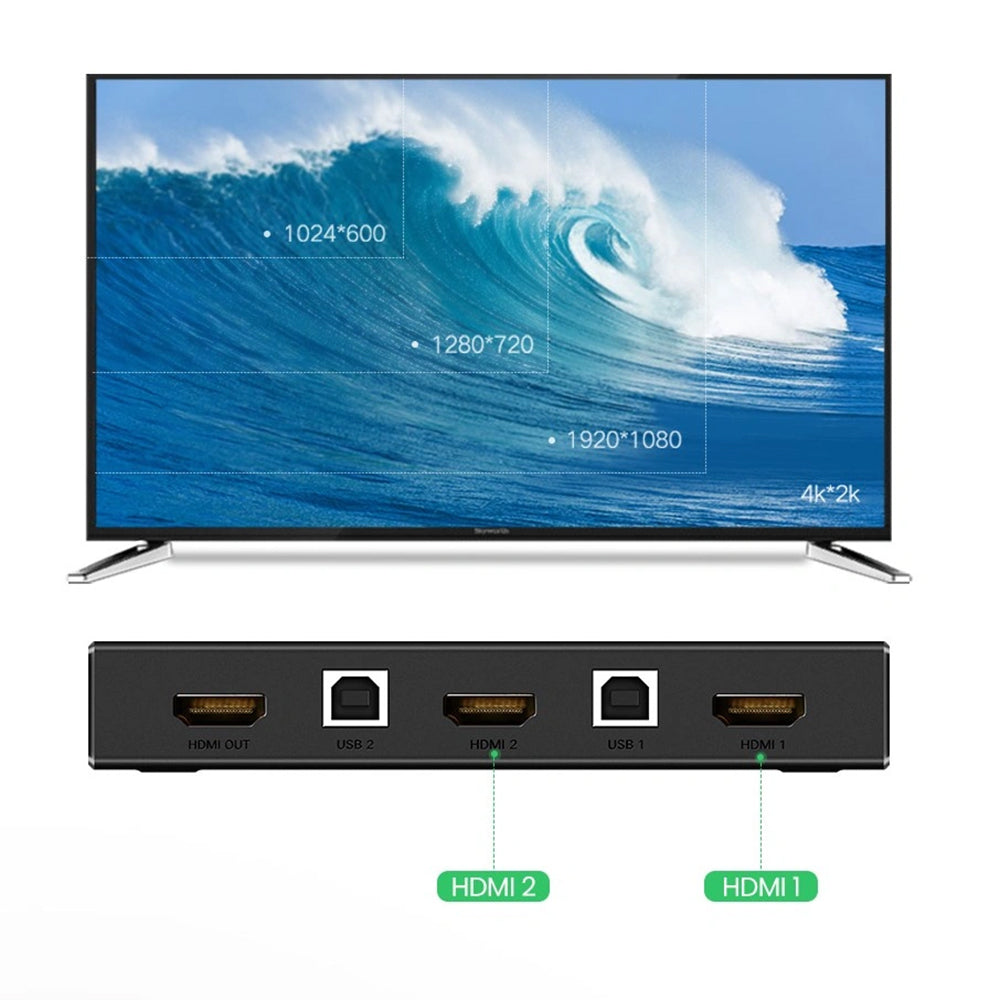 Adaptor Ugreen KVM Switch CM200 (50744), 2x HDMI 4k@30Hz, 4x USB to 1x HDMI, 2x USB2.0, 480Mbps, Buzzer Alert, Plug&Play, Negru