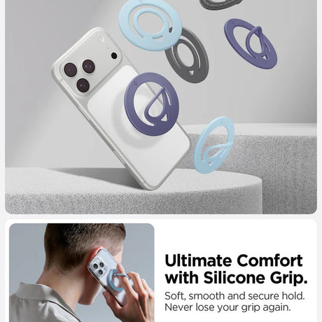 Suport Spigen Phone Ring Dual Pop MagSafe (AMP11368), with Flexible Finger Loop Grip, Dual Magnetic, Silicone, Albastru Deschis