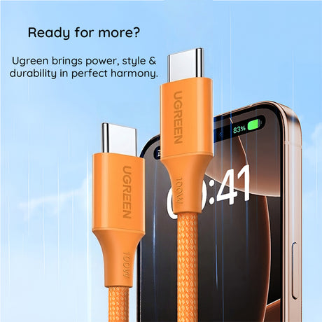 Cablu Ugreen L502 (95493), USB-C la USB-C, 100W, 1m, Portocaliu