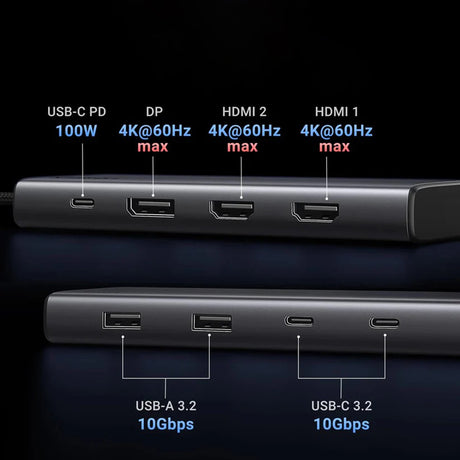 Hub Ugreen CM639 (35625), 2x USB / 3x USB-C / 2x HDMI / DP, 4K@30Hz / PD100W, Negru
