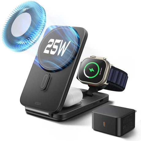 Incarcator ESR CryoBoost 3in1 Charging Station (2C590), for Apple Devices, with 65W Adapter, Foldable, Fast Charge, Qi2, 25W, Negru