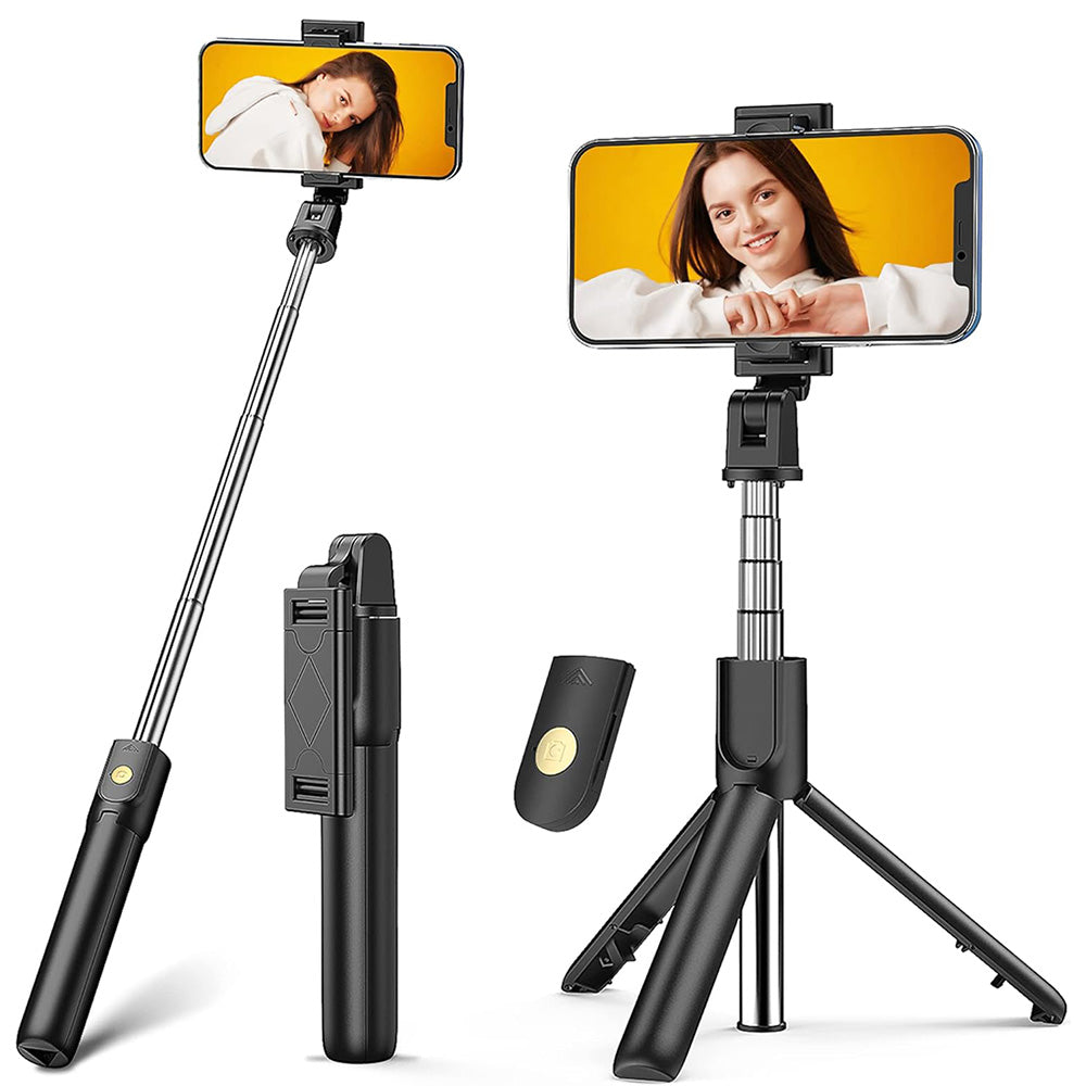 Suport Techsuit Selfie Stick (K07), Compact Tripod Mount with Bluetooth Remote Control, Foldable, 70cm, Negru