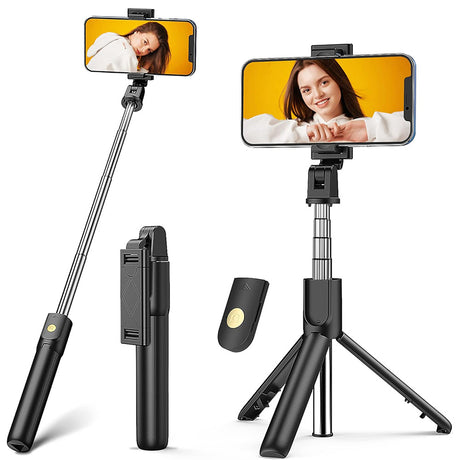 Suport Techsuit Selfie Stick (K07), Compact Tripod Mount with Bluetooth Remote Control, Foldable, 70cm, Negru