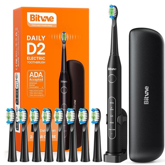 Bitvae Electric Toothbrush Daily (D2), Ultrasonic, 8 Heads, Case, Timer, 5 Modes, W-shape Bristles, Rechargeable, Negru