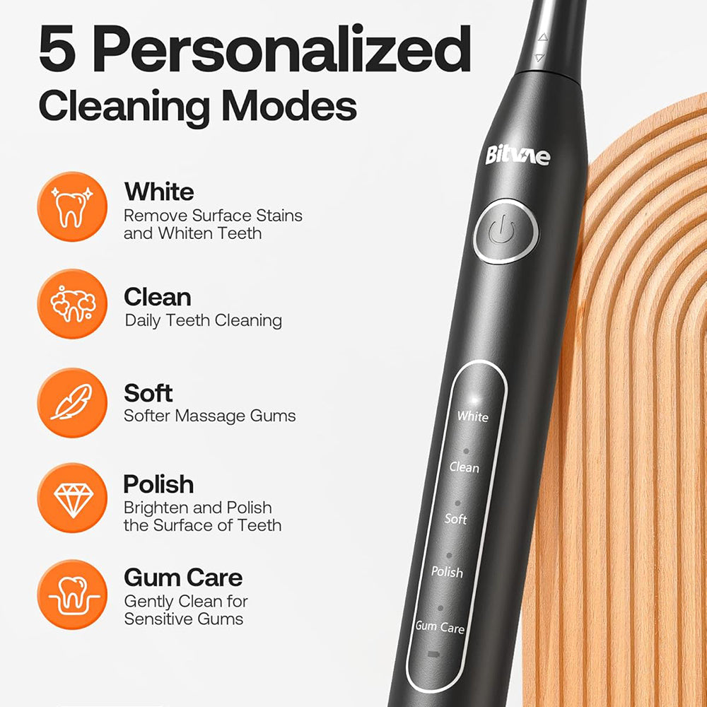 Bitvae Electric Toothbrush Daily (D2), Ultrasonic, 8 Heads, Case, Timer, 5 Modes, W-shape Bristles, Rechargeable, Negru