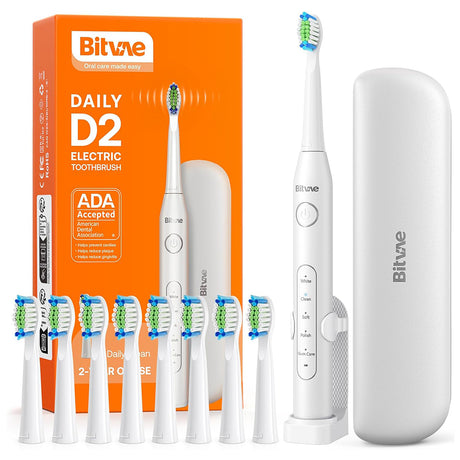 Bitvae Electric Toothbrush Daily (D2), Ultrasonic, 8 Heads, Case, Timer, 5 Modes, W-shape Bristles, Rechargeable, Alb