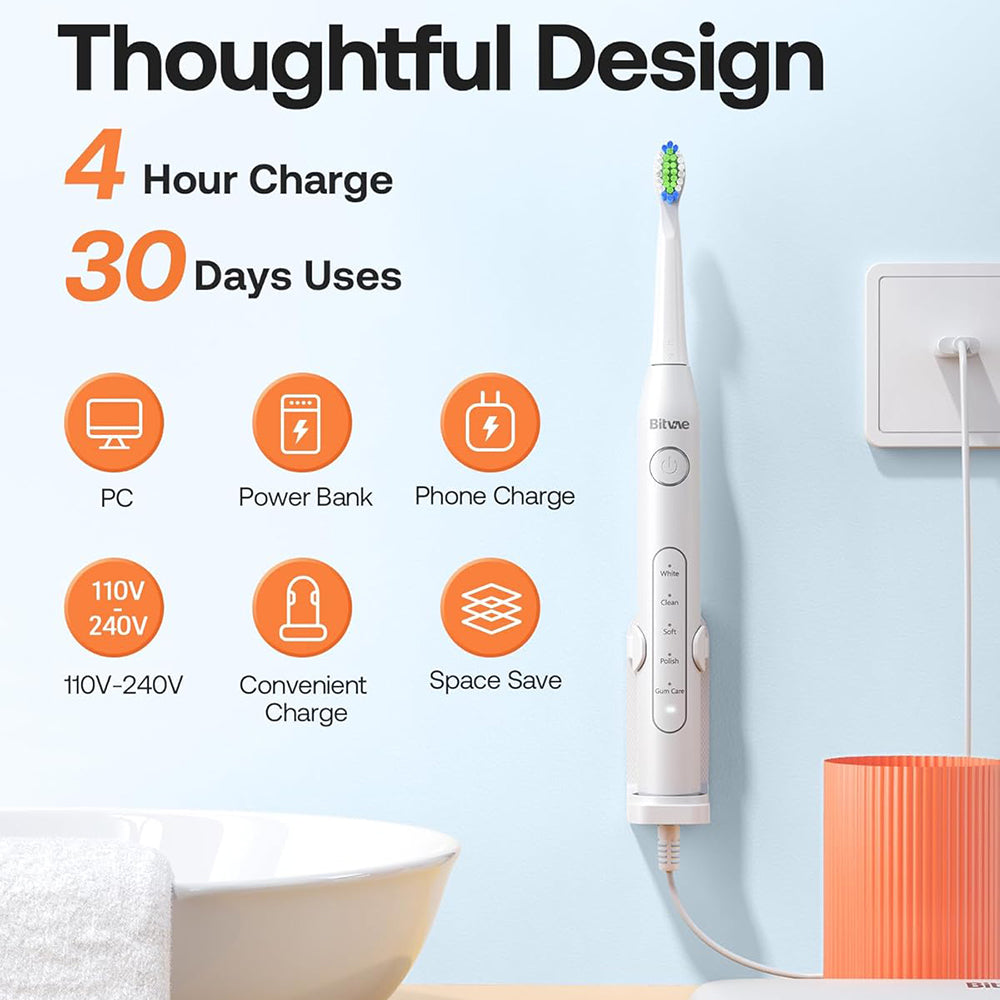 Bitvae Electric Toothbrush Daily (D2), Ultrasonic, 8 Heads, Case, Timer, 5 Modes, W-shape Bristles, Rechargeable, Alb