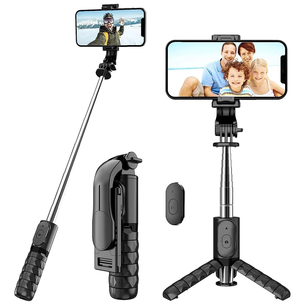 Suport Techsuit Mini Selfie Stick (Q11), Stable Tripod with Bluetooth Remote Control, 360 Rotation, Stainless Steel, 74cm, Negru