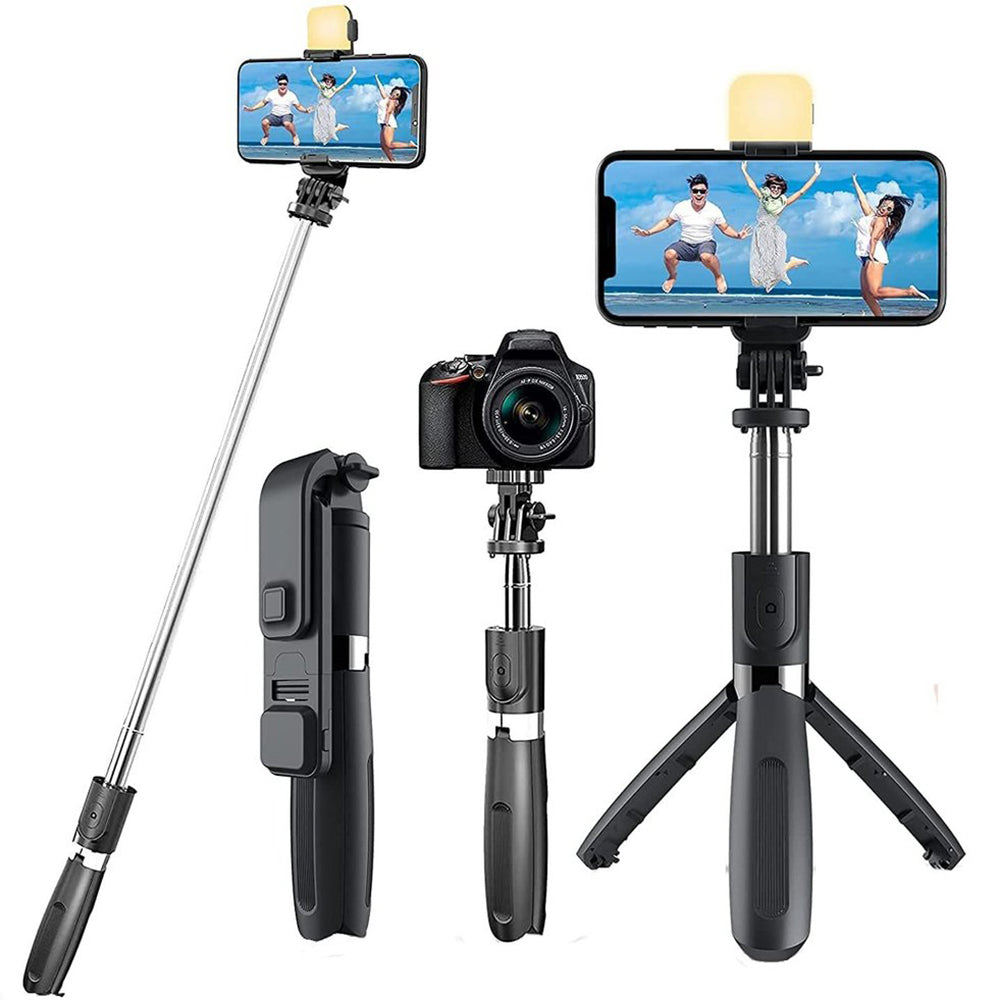 Suport Techsuit Selfie Stick (L02s), Stable Tripod with Bluetooth Remote Control and Fill Light, Stainless Steel, 104cm, Negru