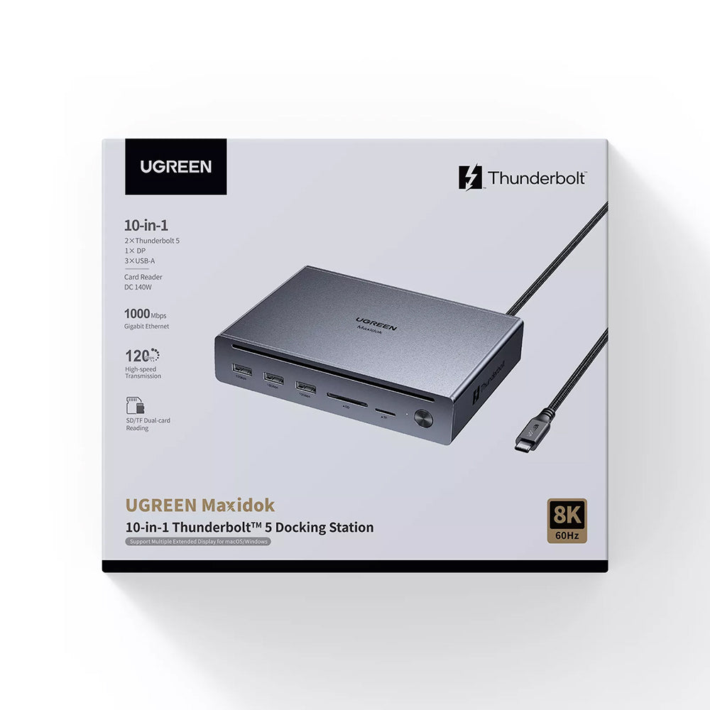 Hub/Dock Ugreen Docking Station U712 10in1 (75795F), Fast Charging, 2x Thunderbolt 5, 3x USB, RJ45, DP, SD/TF, 8K@60Hz, 120Gbps, Gri