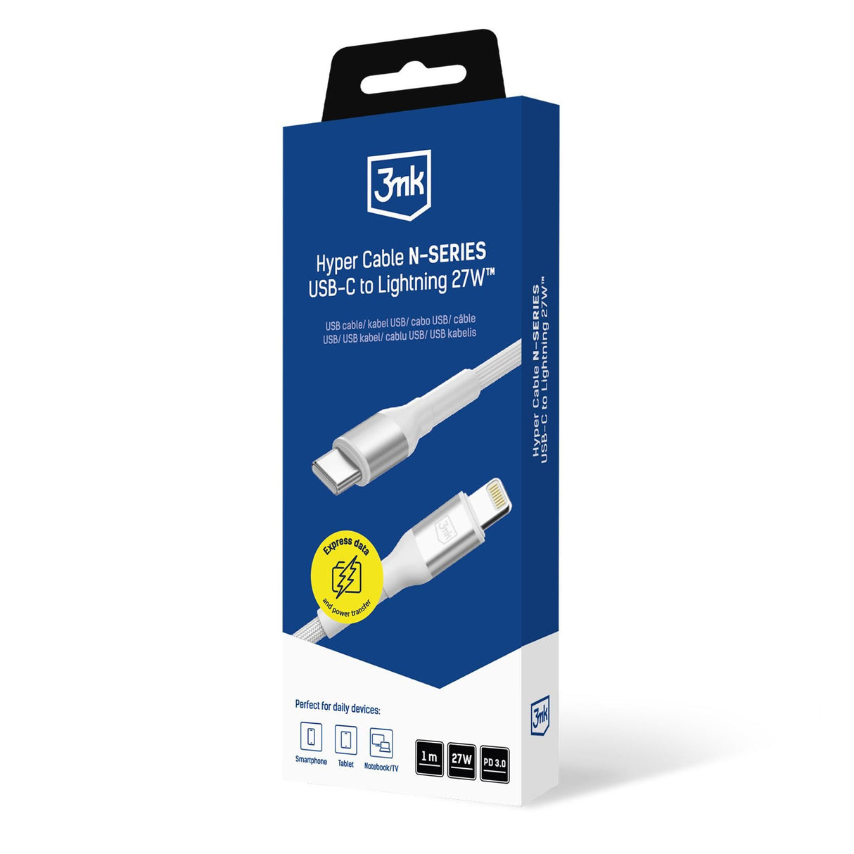 Cablu 3mk Hyper N-Series, USB-C la Lightning, 27W, 1m, Alb