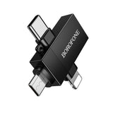 Adaptor Borofone 3in1 (BV26D), Lightning / Type-C / Micro-USB la USB 2.0, 1.5A, Negru