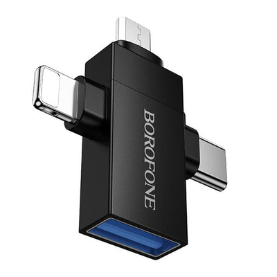 Adaptor Borofone 3in1 (BV26D), Lightning / Type-C / Micro-USB la USB 2.0, 1.5A, Negru