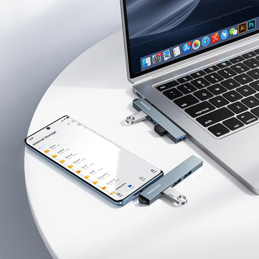 Hub Borofone 4in1 (FH1A), USB-C la 3x USB 2.0 + 1x USB 3.0, 5Gbps, Gri