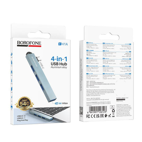 Hub Borofone 4in1 (FH1A), USB-C la 3x USB 2.0 + 1x USB 3.0, 5Gbps, Gri
