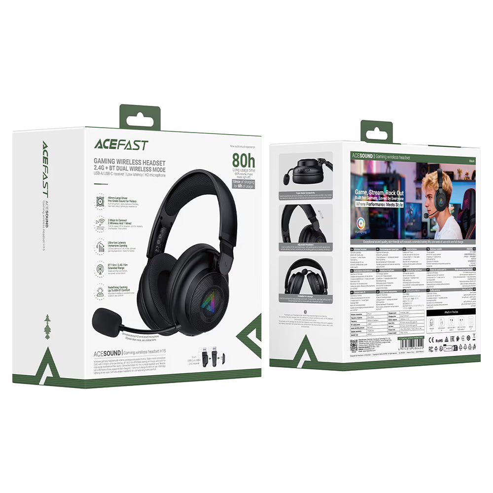 Casti Acefast H15, BT 6.0 + 2.4G + AUX, Latenta 0.02s, Negru