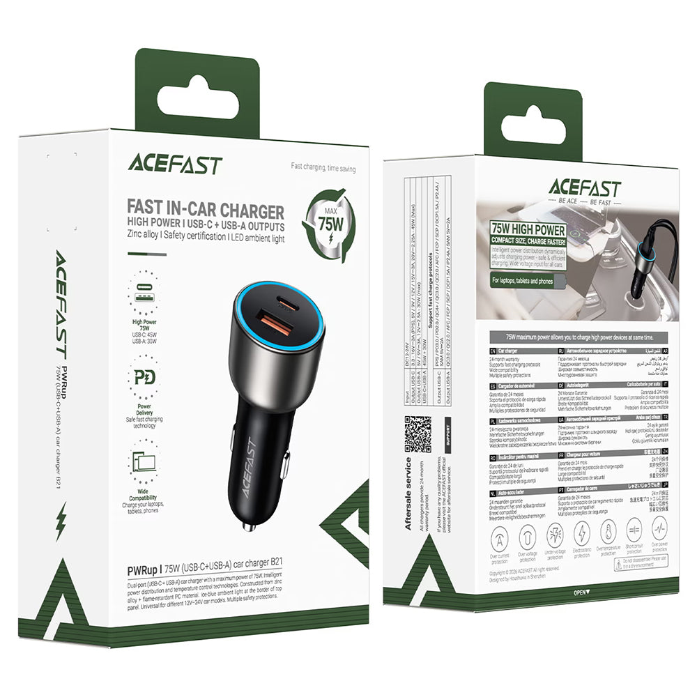Incarcator Acefast (B21), USB / Type-C, 75W, Lumina Ambientala, Negru