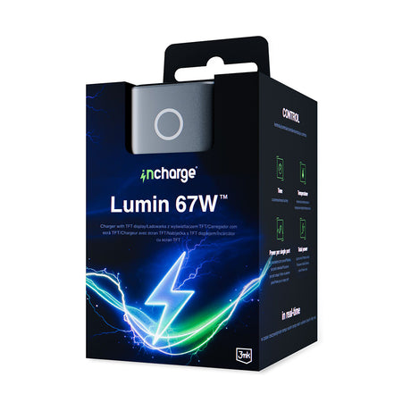 Incarcator 3mk incharge® Lumin, 2x Type-C / 1x USB-A, 67W GaN, Ecran TFT, Negru