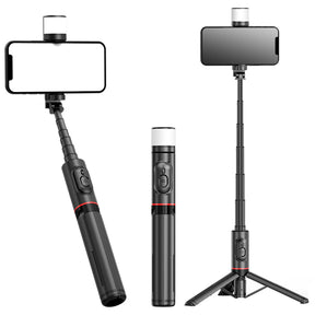 Suport Techsuit Selfie Stick (Q12S), Stable Tripod Mount with Bluetooth Remote and LED Light, 75cm, Negru