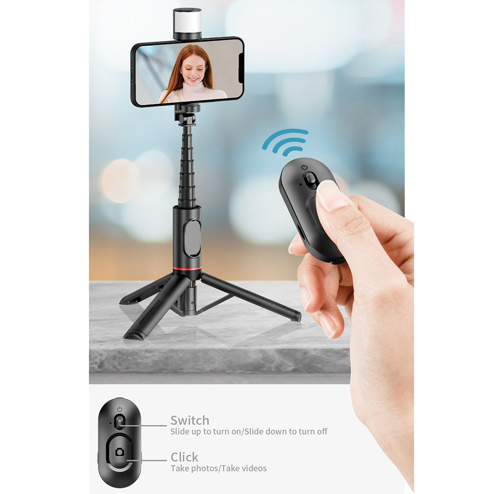 Suport Techsuit Selfie Stick (Q12S), Stable Tripod Mount with Bluetooth Remote and LED Light, 75cm, Negru