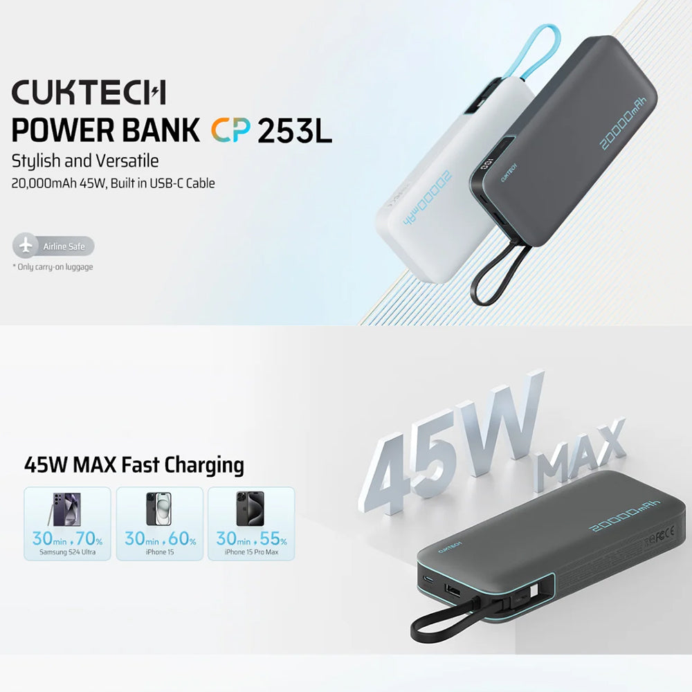 Baterie externa Cuktech LPB200N (CUKP200NGLDG), 20000mAh, USB / USB-C / Lightning, 45W, Negru
