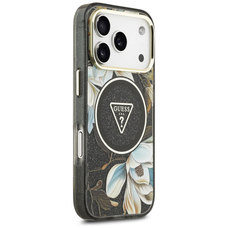 Husa de protectie Guess IML Glitter Flowers Triangle compatibil cu iPhone 18 Pro, Negru