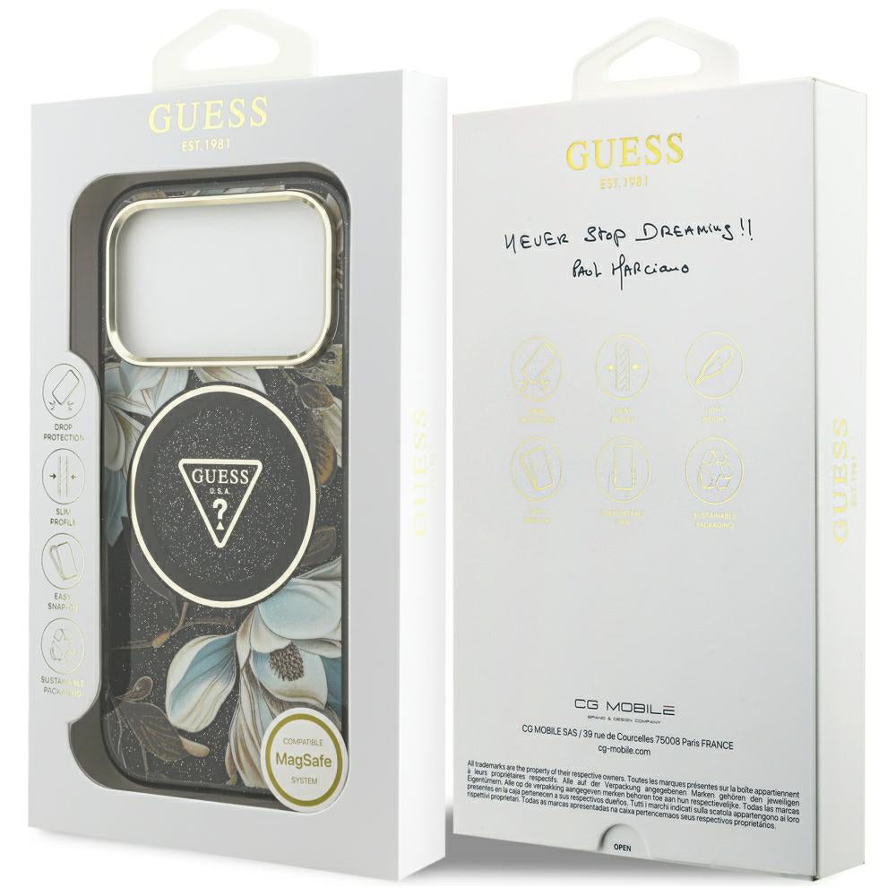 Husa de protectie Guess IML Glitter Flowers Triangle compatibil cu iPhone 18 Pro, Negru