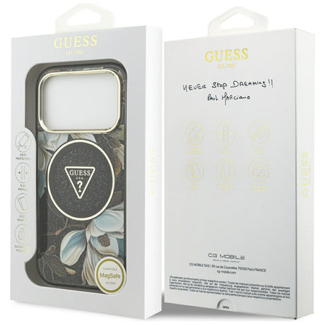 Husa de protectie Guess IML Glitter Flowers Triangle compatibil cu iPhone 18 Pro, Negru