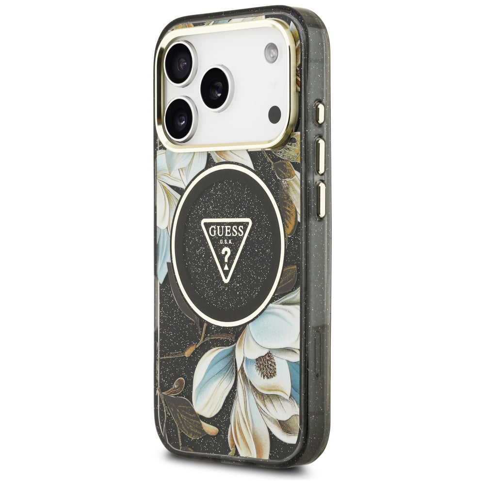 Husa de protectie Guess IML Glitter Flowers Triangle compatibil cu iPhone 18 Pro, Negru